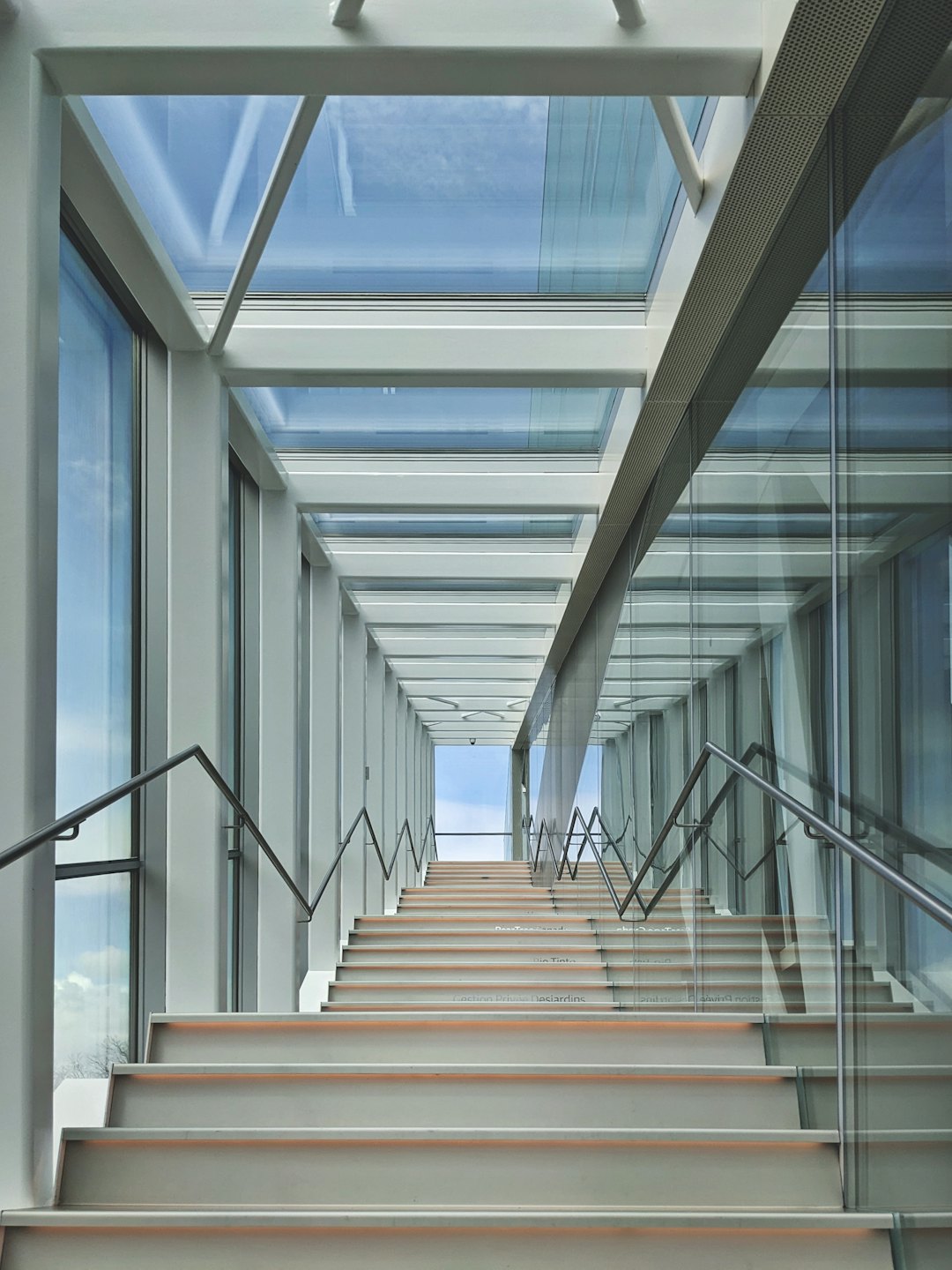 Escalera moderna con barandillas de metal dentro de una pasarela de cristal.